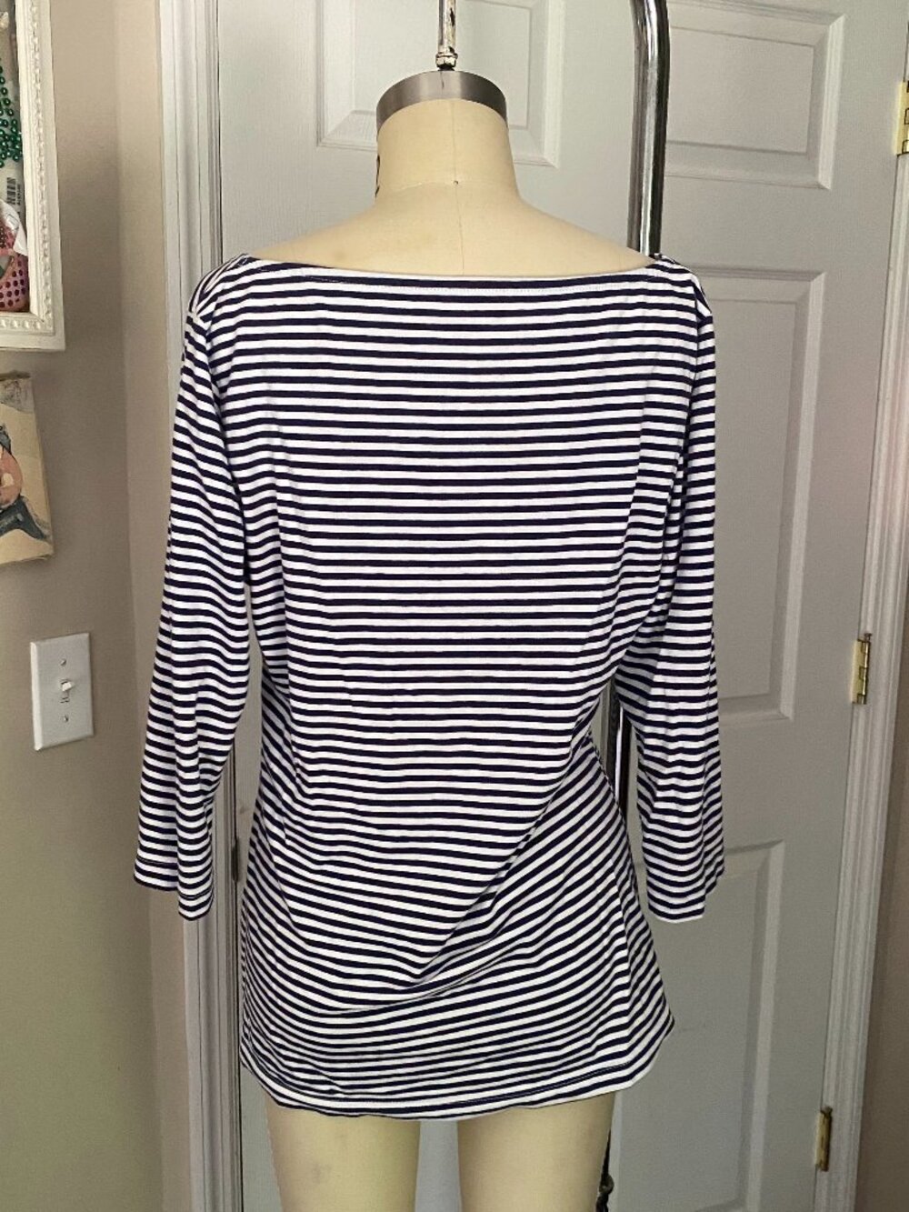 H&M Blue White striped NAUTICAL classic BOATNECK 3/4 T-Shirt *LARGE* - Picture 4 of 5